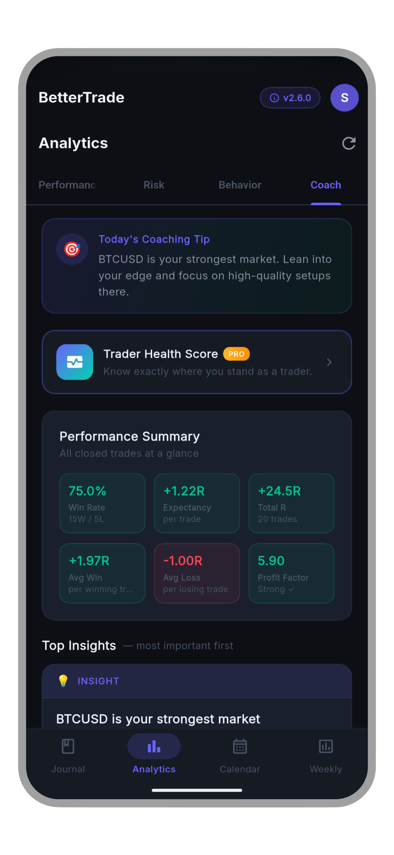 BetterTrade coach tab with smart insights